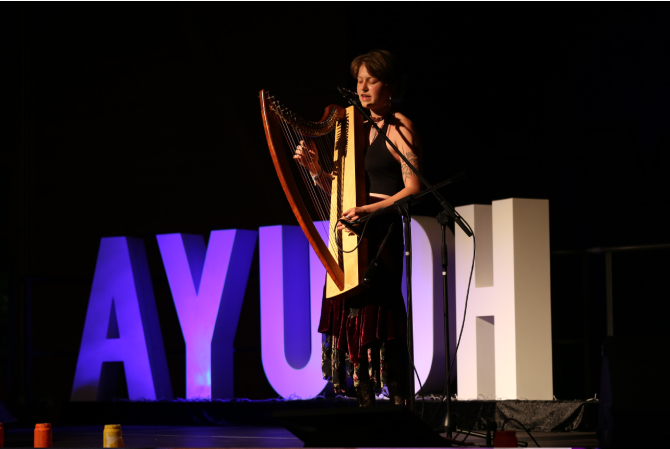 A performer plays a large stringed instrument onstage. The AYUDH logo is beautifully lit with purple light. 