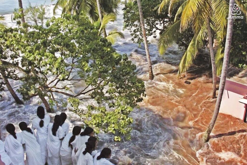 water sweeps through trees and a building