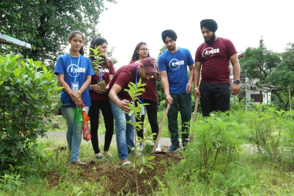 five students outdoors planting a tree