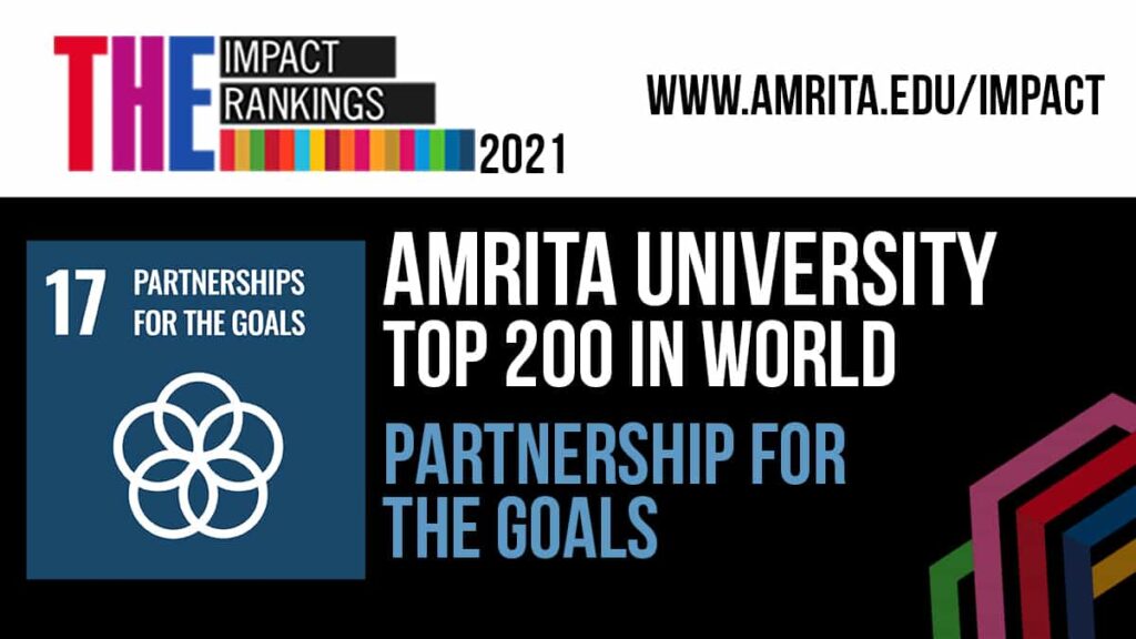 Steel blue and white logo with white lettering on black background Amrita University top 200 in world for partnership for the goals.