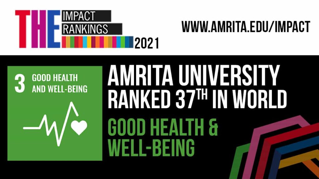 Green and white logo black with black background and  white lettering of Amrita University ranked 37th in the world for Good Health and Well Being.