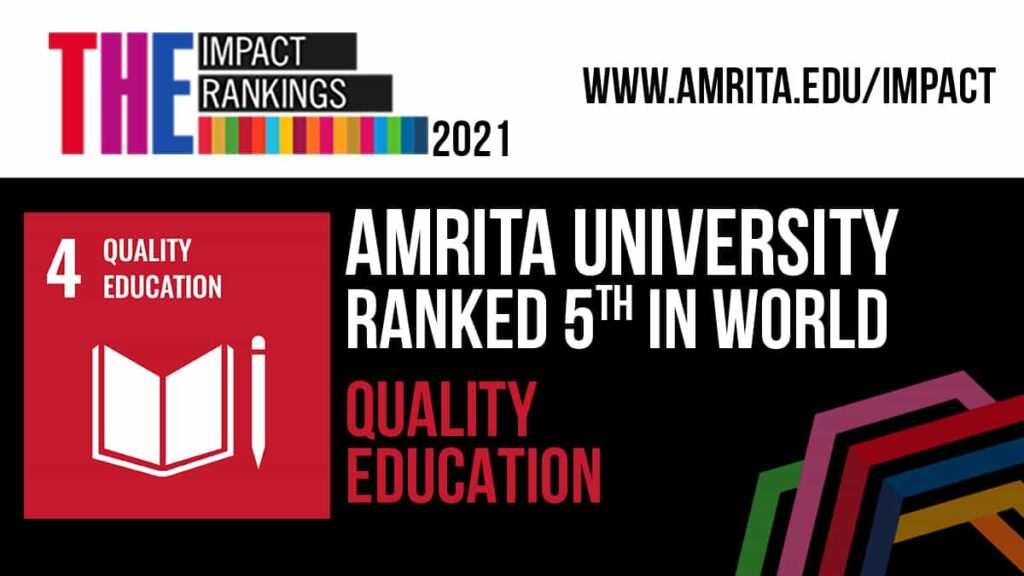 Dark red and white logo with white lettering on black backgroound,Amrita University ranked 5th in world for quality education.