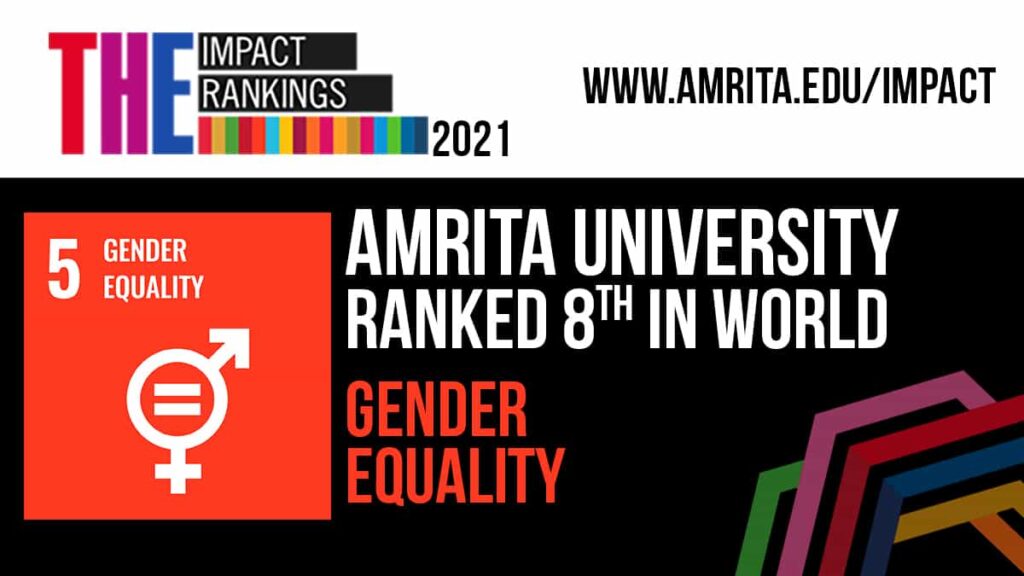 Bright red and white logo with white lettering on black background, Amrita University ranked 8th in world for gender equality.