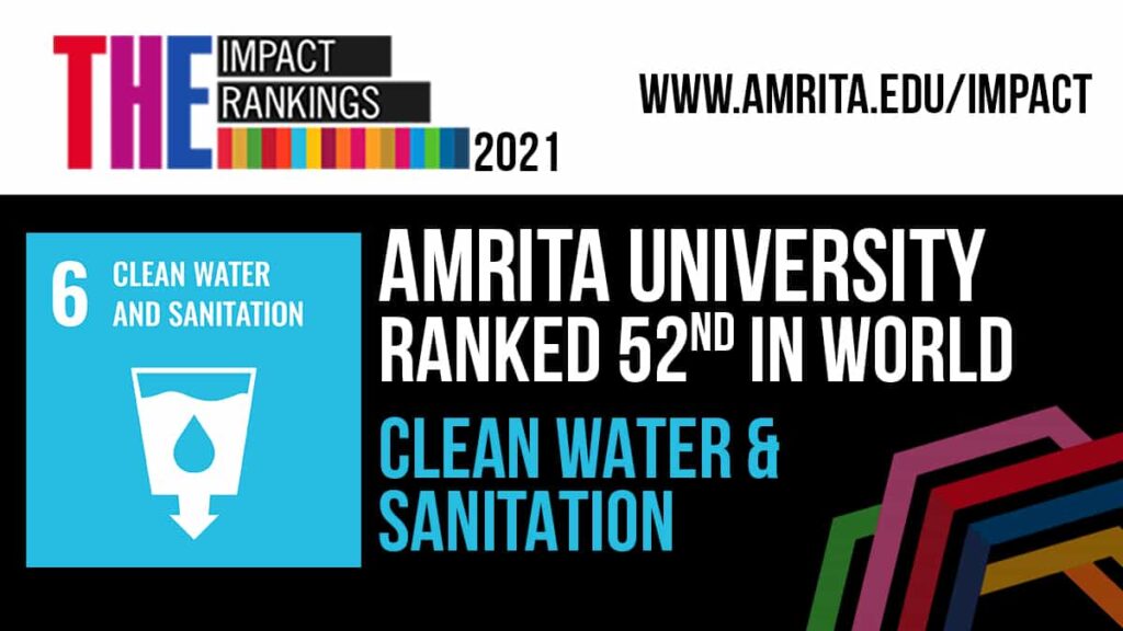 Light blue and white logo with white lettering on black background Amrita University ranked 52nd in wold for clean water and sanitation.