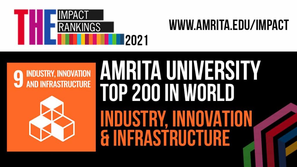 Orange and white logo with white lettering on black background Amrita University top 200 in world for industry, innovation, and infrastructure.