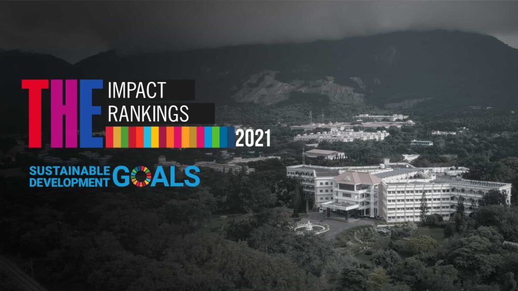 image of Amrita University campus with THE sustainable goal ranking logo.