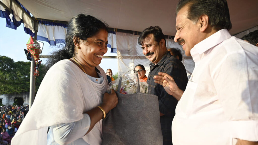 Woman receives bag and smiles