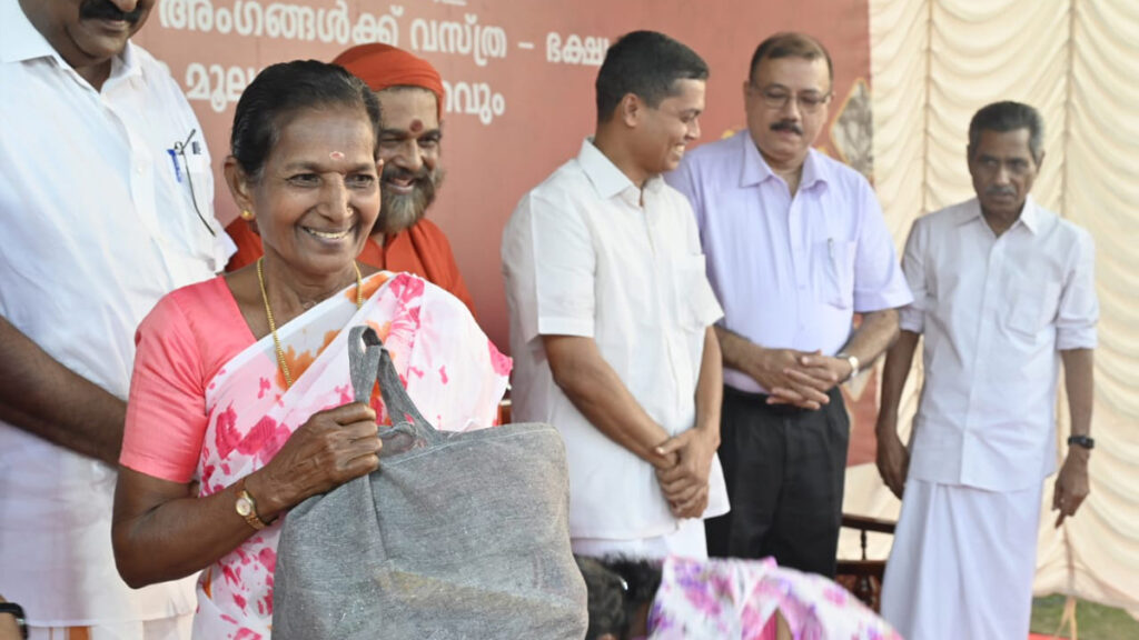 Elderly woman walks away with a bag