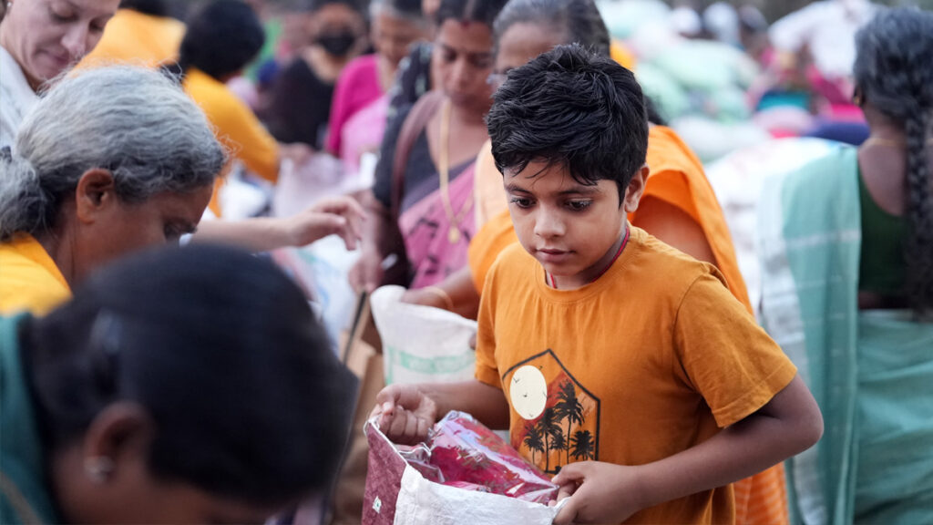 A child fills a bag