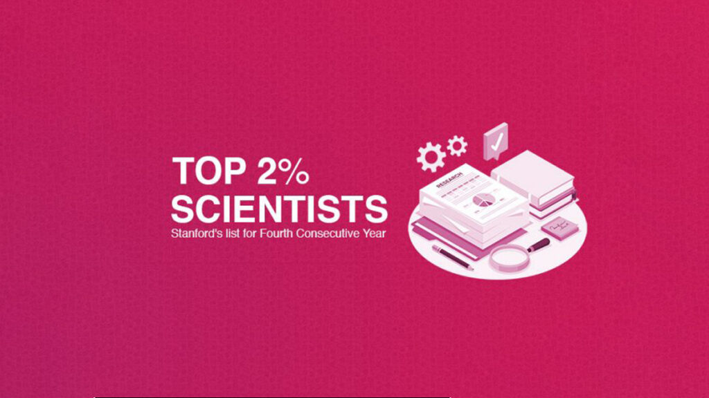 "Research" graphic of books, papers, gears pencil, etc.. and text reading "Top 2% scientists - Stanford's list for fourth consecutive year"