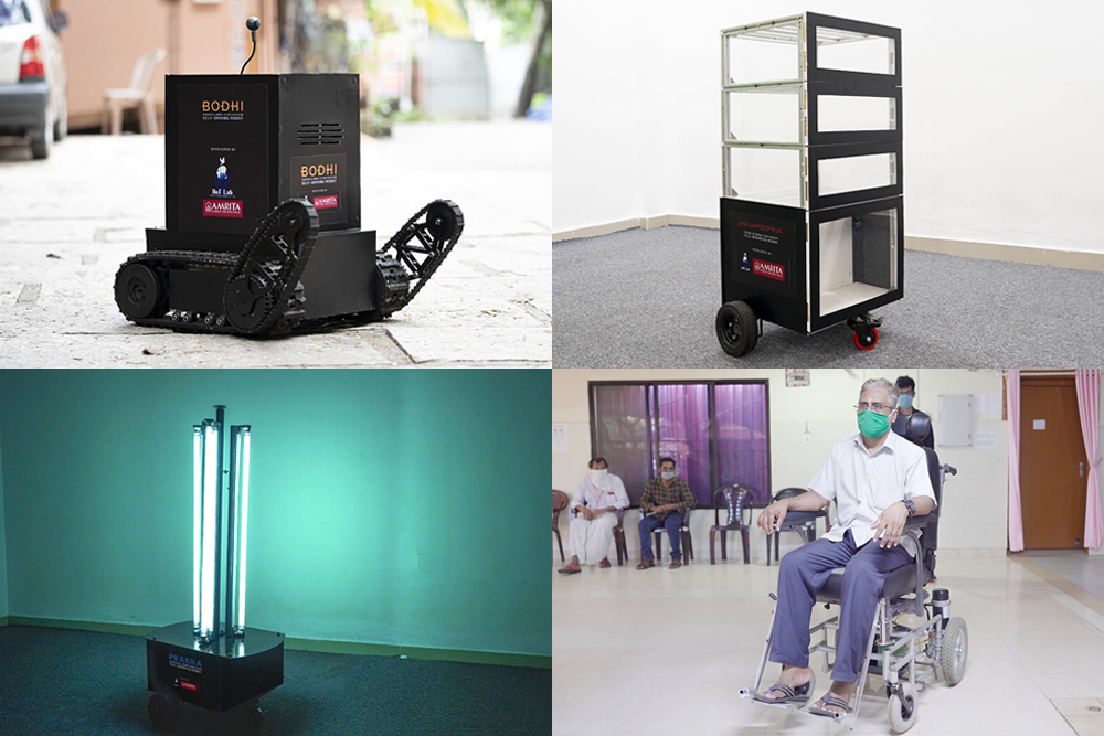 Four robot inventions: a small remote controlled black box devise to patrol streets with updates, a tall UV light to disinfect a room, a remote food delivery unit and a remote wheelchair.