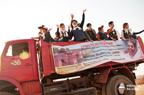A truck full of Japanese student volunteers