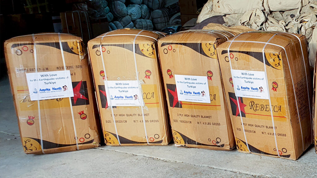 Packages labeled: "With Love to the Earthquake victims of Turkey"