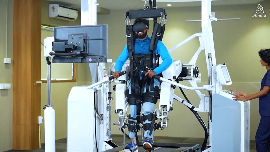 a patient using a robot for gait training therapy