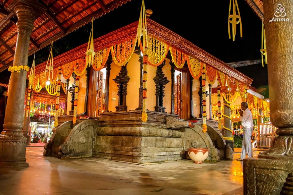 An external view of the Brahmasthanam Temple at night