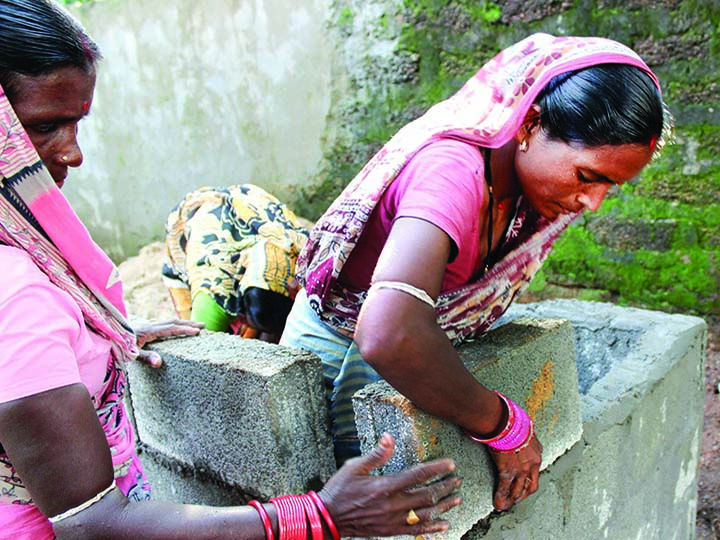 woman builds a toilet