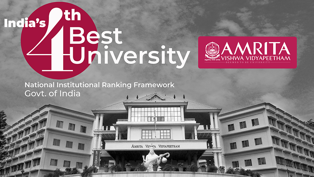 Black and white image of Amrita University. Logo in cranberry color denotating the ranking of the top 4th university in India.