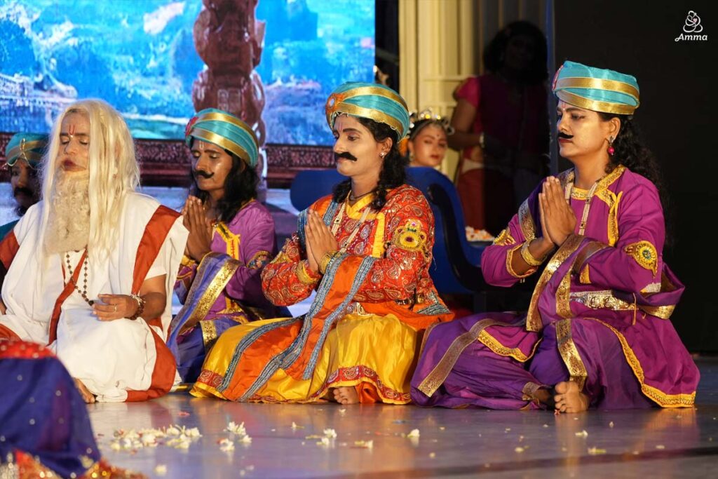 A scene of three women dressed as male court officials