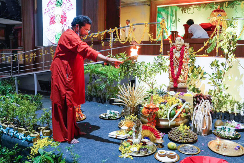 Swami Turyamritananda Puri performing puja as Vishu celebrations begin.