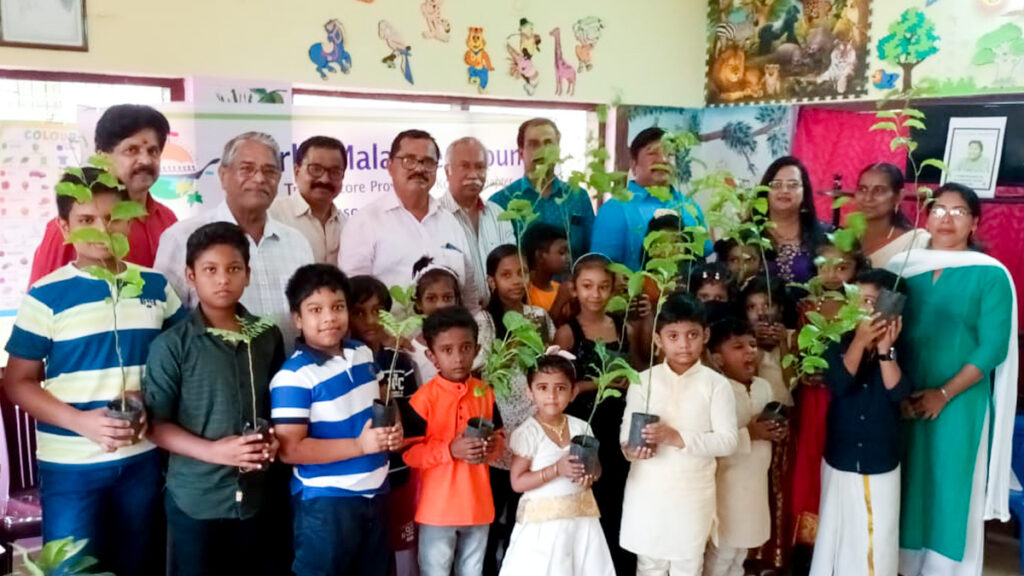 A classroom of children each hold a small tree